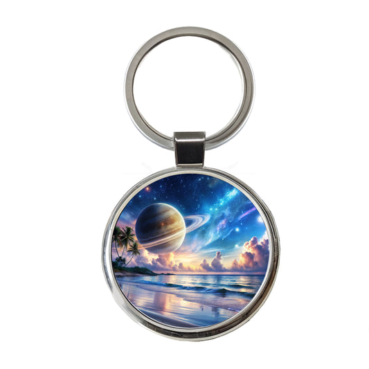 Fantasy Sci-fi World Saturn Rising Over Beach Round Metal Keychain