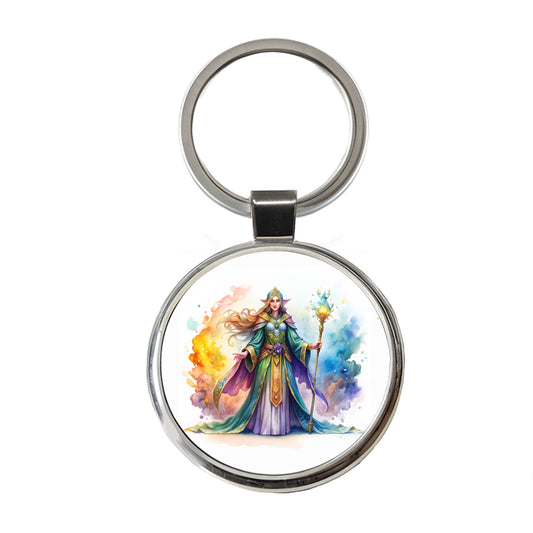 Fantasy Sorceress Colorful Magic Mana Watercolor Round Metal Keychain