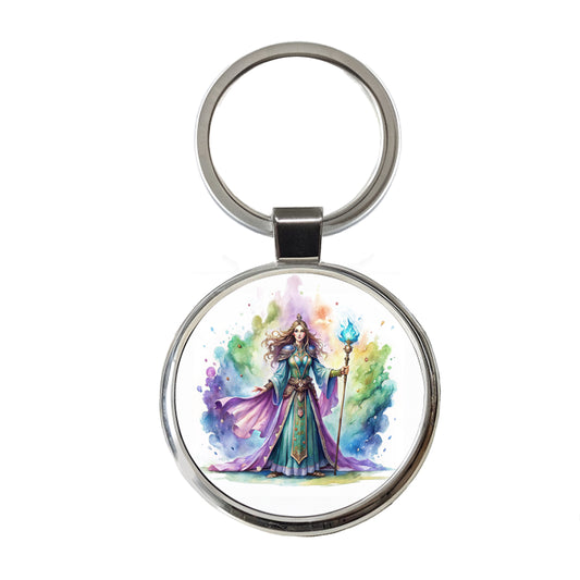 Fantasy Sorceress Purple Blue Magic Mana Watercolor Round Metal Keychain