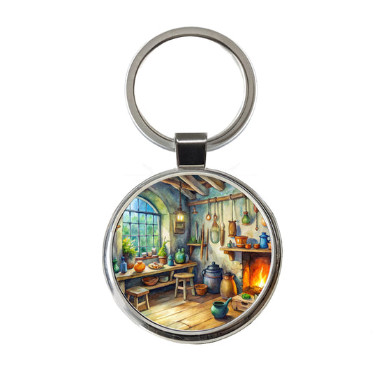Fantasy Witch's Workshop Watercolor Round Metal Keychain