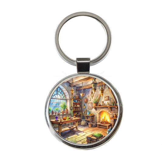 Fantasy Wizard's Sorcerer's Workshop Watercolor Round Metal Keychain