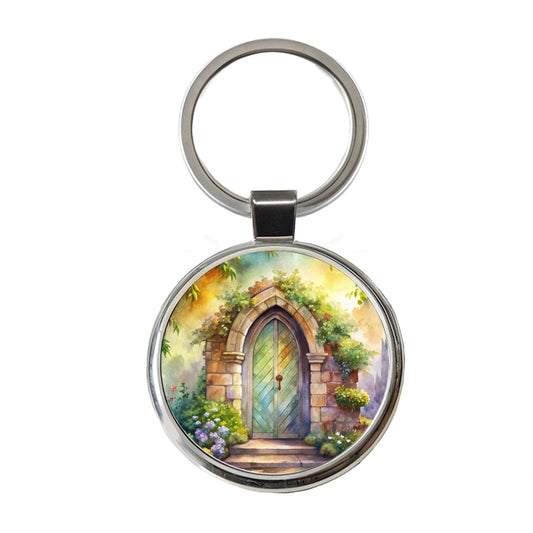 Fantasy World Doorway Fairy Gnome Elven Watercolor Round Metal Keychain