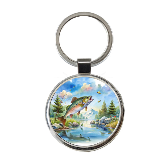 Fish Jumping Stream Lake Fishing Watercolor Round Metal Keychain