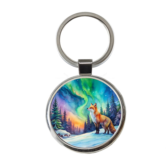 Fox And Northern Lights Watercolor Round Metal Keychain