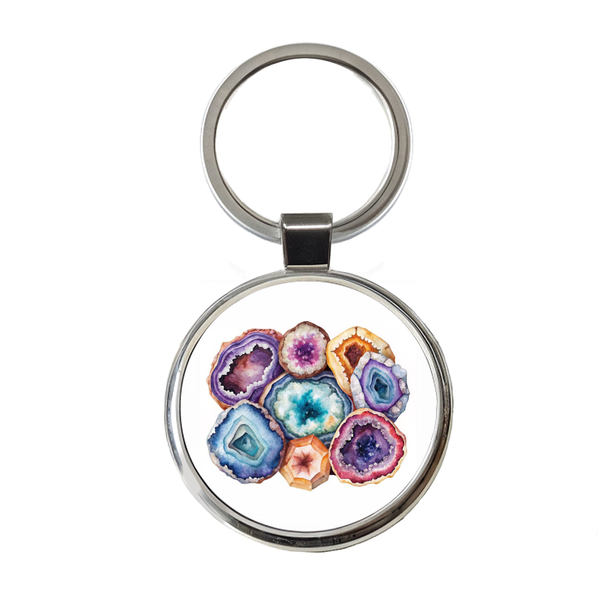 Geode Volcanic Crystals Cut Open Watercolor Round Metal Keychain