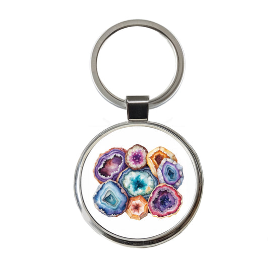 Geode Volcanic Crystals Cut Open Watercolor Round Metal Keychain