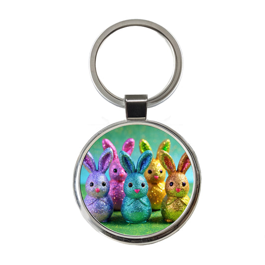 Glitter Easter Bunnies Rabbits Chocolate Round Metal Keychain