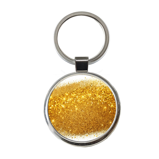Gold Faux Glitter Round Metal Keychain