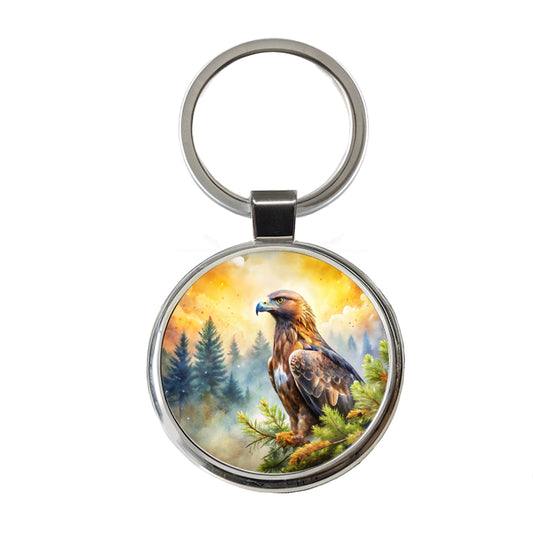 Golden Eagle Raptor Bird Of Prey In Tree Watercolor Round Metal Keychain