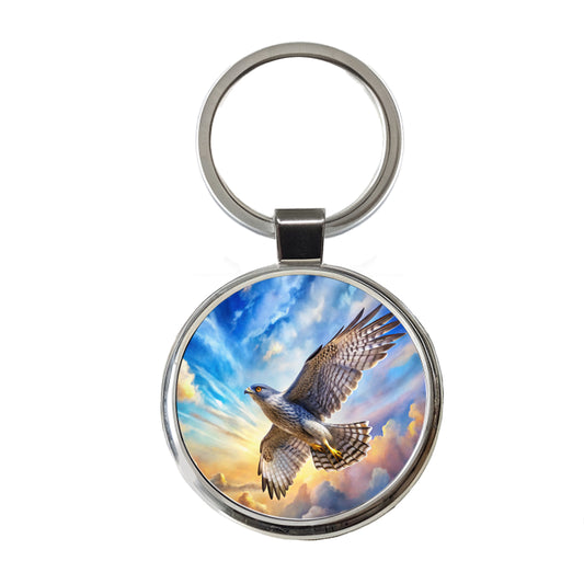 Goshawk Raptor Bird Of Prey In Flight Sky Clouds Watercolor Round Metal Keychain