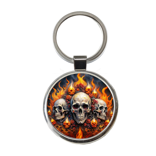 Gothic Skulls And Flames Watercolor Round Metal Keychain