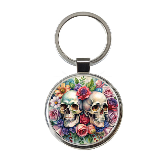 Gothic Skulls And Flowers Watercolor Round Metal Keychain
