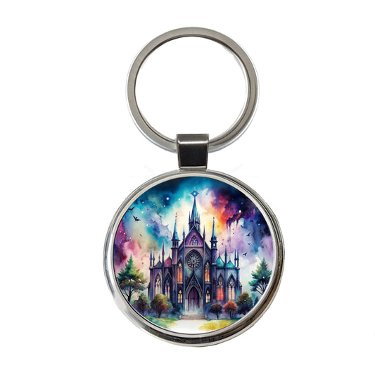 Gothic Style Church Watercolor Round Metal Keychain