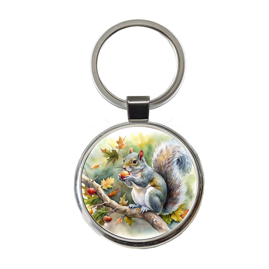 Gray Squirrel Eating Acorn In Tree Watercolor Round Metal Keychain