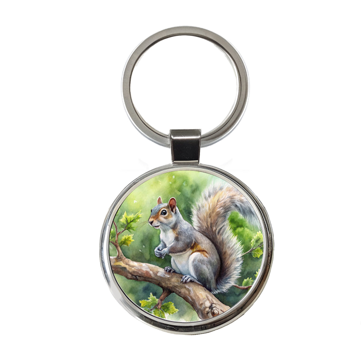 Gray Squirrel In Tree Watercolor Round Metal Keychain