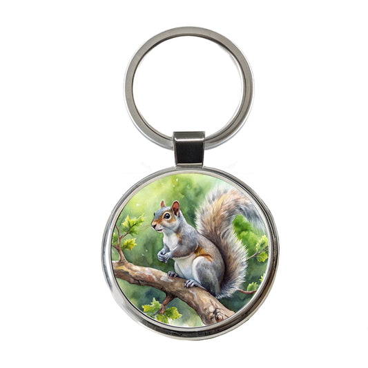 Gray Squirrel In Tree Watercolor Round Metal Keychain