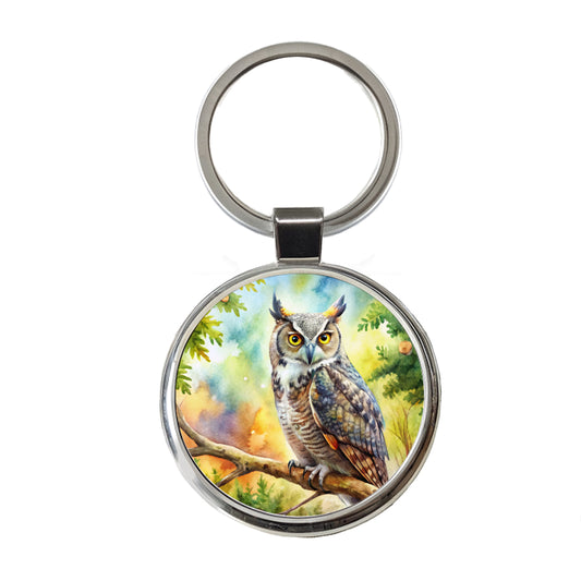 Great Horned Owl In Tree Watercolor Round Metal Keychain