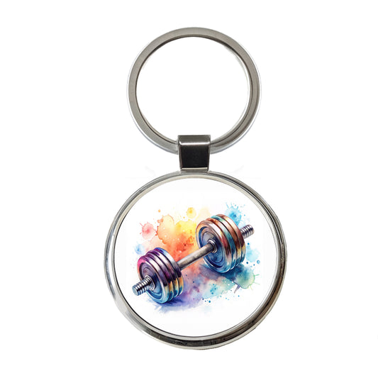 Gym Workout Dumbbells Weights Watercolor Round Metal Keychain
