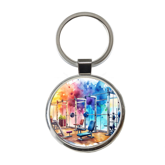Gym Workout Equipment Watercolor Round Metal Keychain