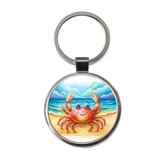 Happy Crab On The Tropical Beach Watercolor Round Metal Keychain