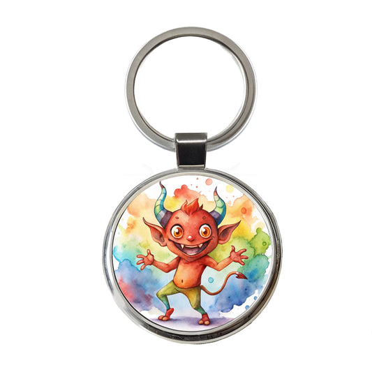 Happy Short Dancing Demon Watercolor Round Metal Keychain