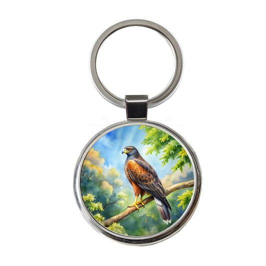 Harris's Hawk Raptor Bird Of Prey In Tree Watercolor Round Metal Keychain