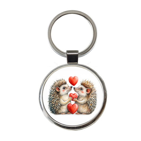 Hedgehogs In Love With Hearts Valentine's Day Round Metal Keychain