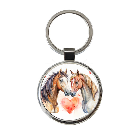 Horses In Love Heart Valentine's Day Round Metal Keychain