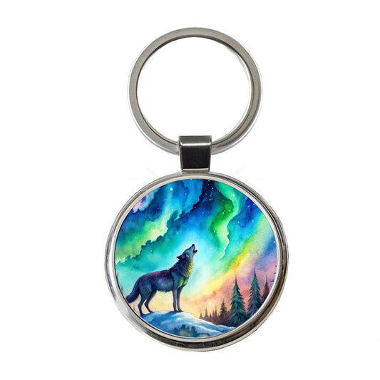Howling Wolf And Northern Lights Watercolor Round Metal Keychain