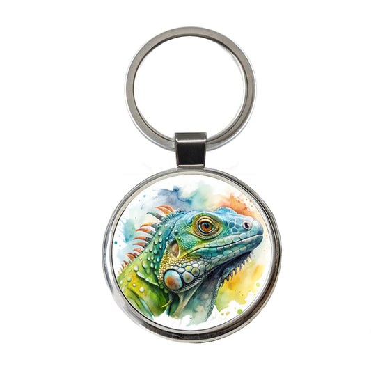 Iguana Lizard Face Profile Reptile Watercolor Round Metal Keychain