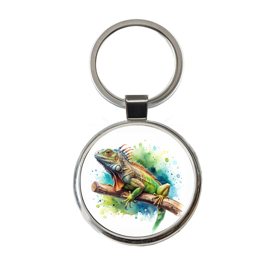 Iguana Lizard On Branch Reptile Watercolor Round Metal Keychain