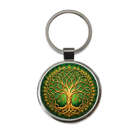 Irish Celtic Knot Tree Of Life Green And Golden Round Metal Keychain