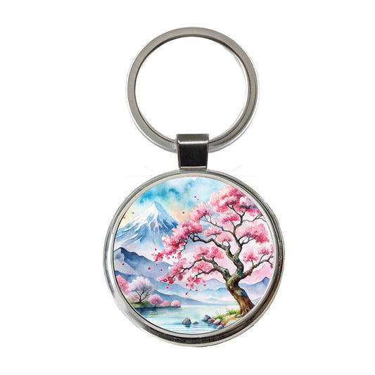 Japanese Cherry Blossom Tree Scene Watercolor Round Metal Keychain