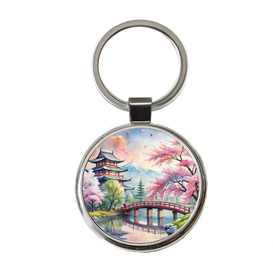 Japanese Scene With Bridge And Cherry Blossom Trees Watercolor Round Metal Keychain