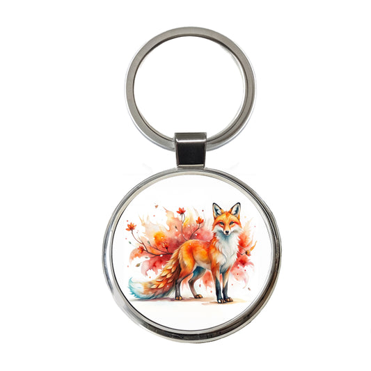 Kitsune Fox Asian Japanese Spirit Animal Folklore Watercolor Round Metal Keychain