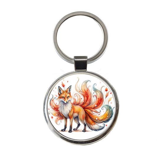 Kitsune Fox With Many Tails Asian Japanese Spirit Folklore Watercolor Round Metal Keychain