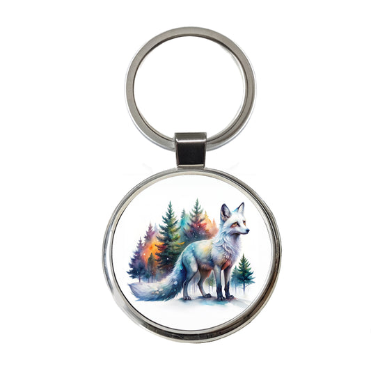 Kitsune White Fox Asian Japanese In Forest Watercolor Round Metal Keychain