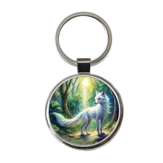 Kitsune White Fox Fantasy Japanese In Forest Watercolor Round Metal Keychain