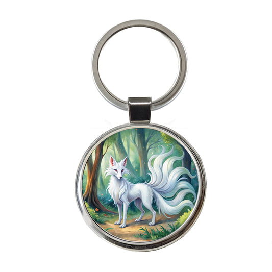 Kitsune White Fox With Many Tails Japanese Spirit Animal Watercolor Round Metal Keychain