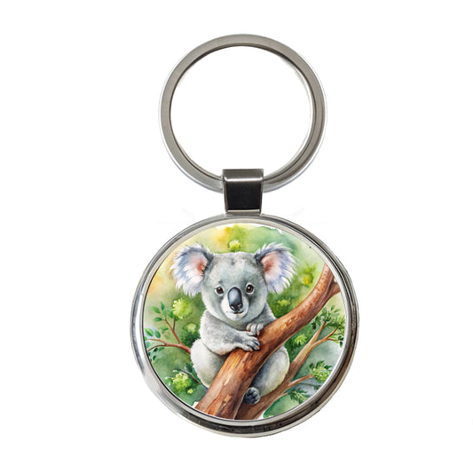 Koala In A Tree Watercolor Round Metal Keychain