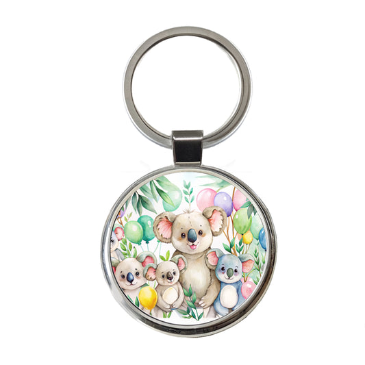 Koalas Having A Birthday Party Watercolor Round Metal Keychain