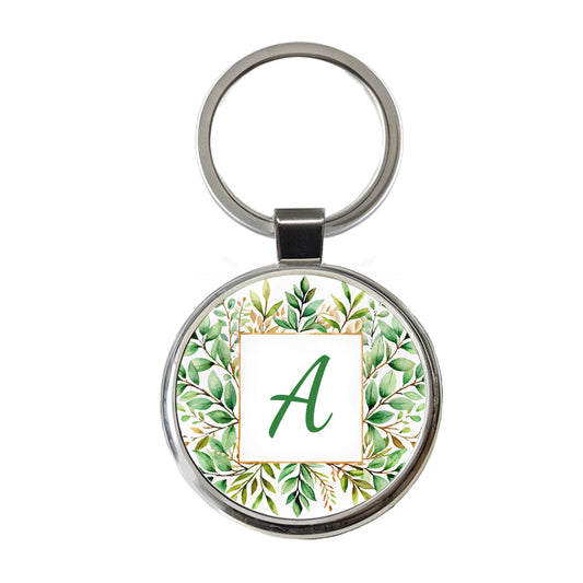 Letter A Initial Monogram Frame Leaf Round Metal Keychain