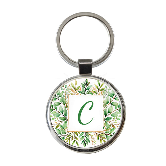 Letter C Initial Monogram Frame Leaf Round Metal Keychain