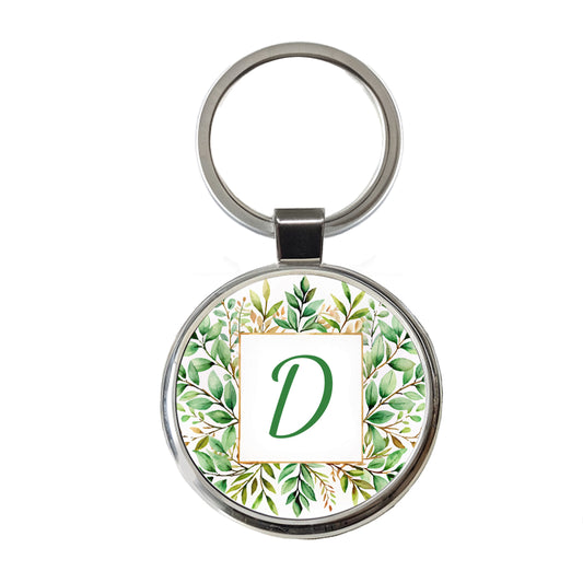 Letter D Initial Monogram Frame Leaf Round Metal Keychain