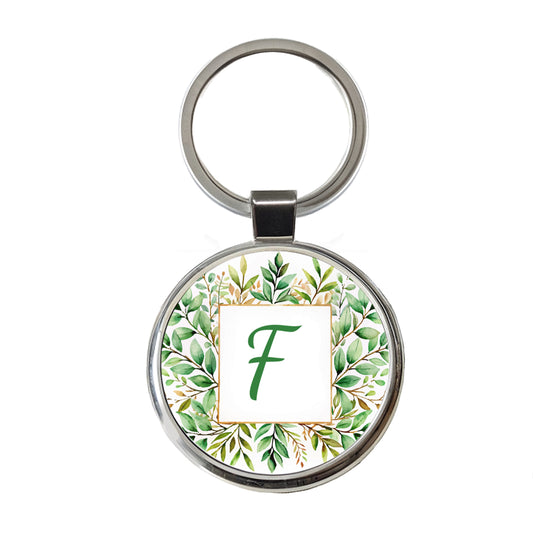 Letter F Initial Monogram Frame Leaf Round Metal Keychain