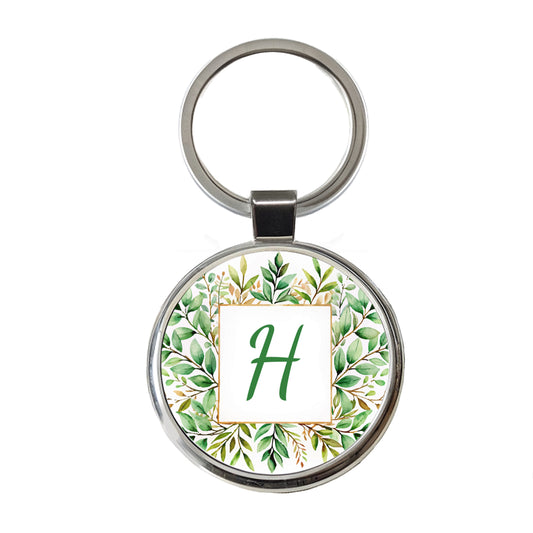 Letter H Initial Monogram Frame Leaf Round Metal Keychain