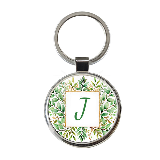 Letter J Initial Monogram Frame Leaf Round Metal Keychain