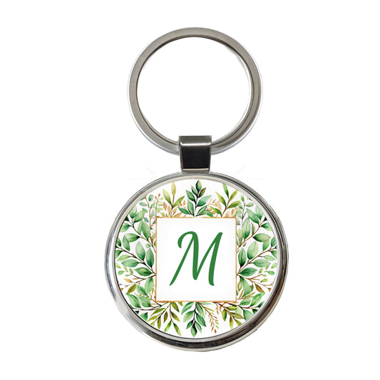 Letter M Initial Monogram Frame Leaf Round Metal Keychain