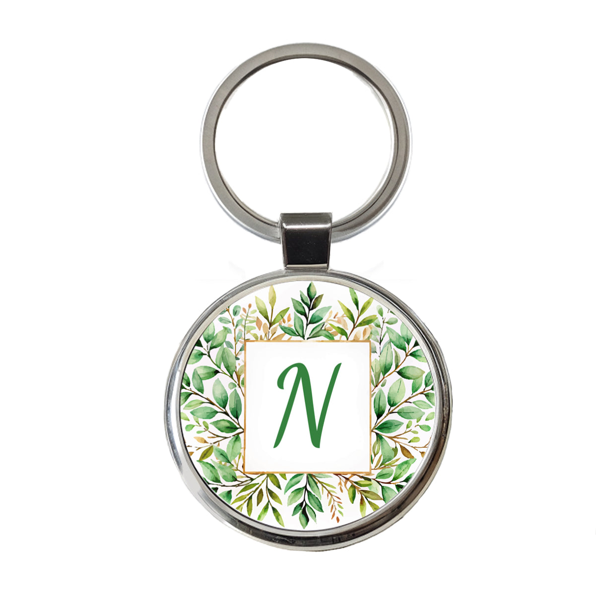 Letter N Initial Monogram Frame Leaf Round Metal Keychain