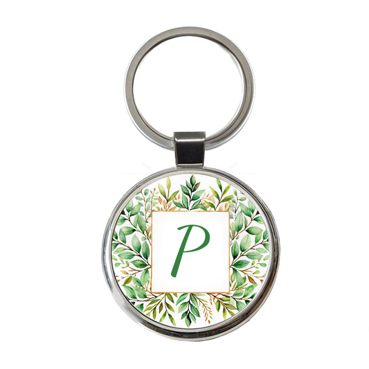 Letter P Initial Monogram Frame Leaf Round Metal Keychain